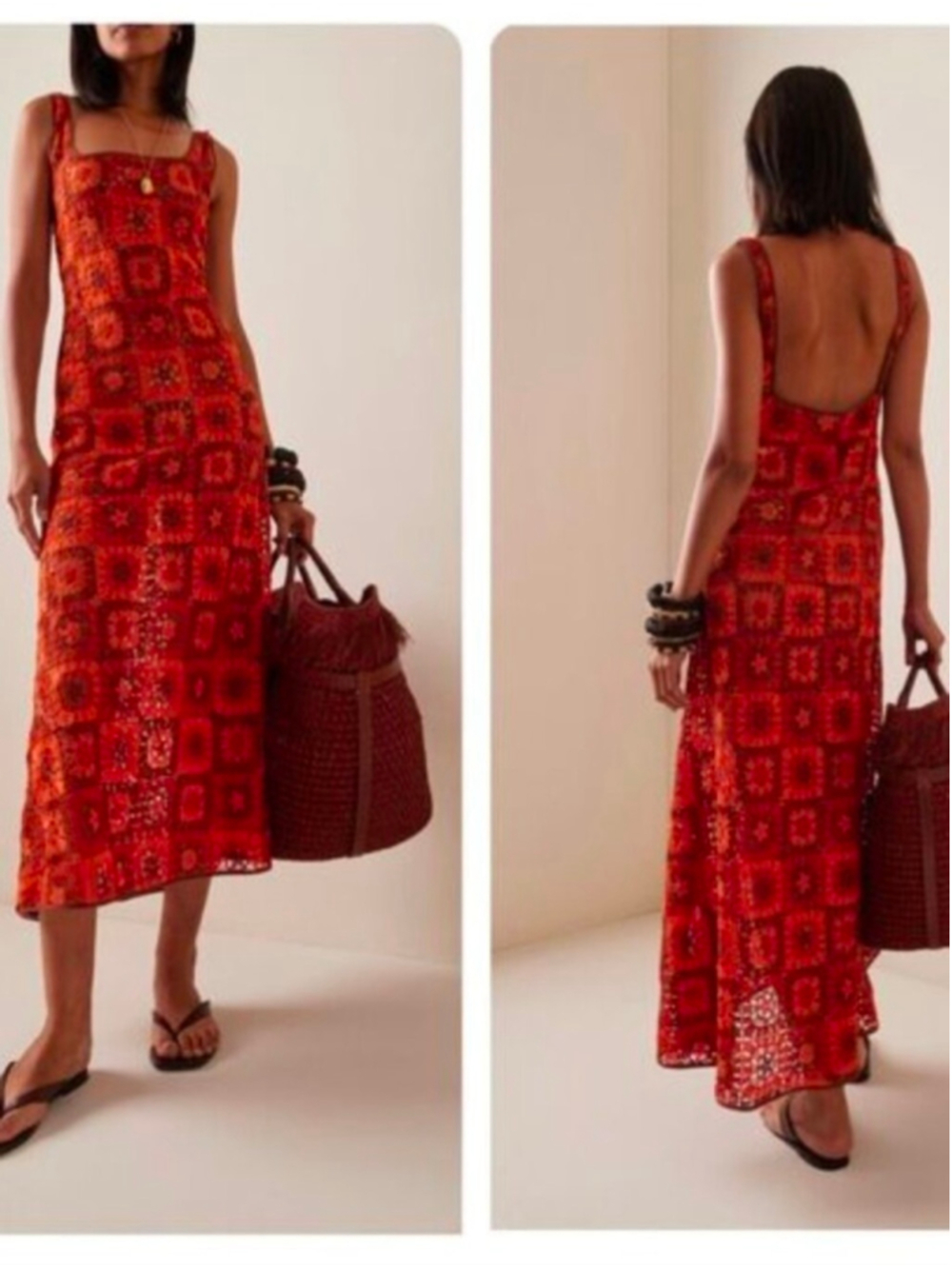 NWT Johanna Ortiz Birdsong Crocheted Square Neck Ankle Dress Orange Brown Size 4